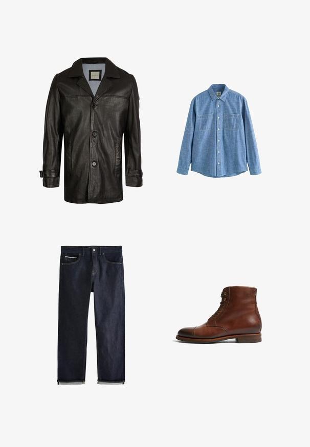 Zwarte leren jas met een notch-kraag, knoopsluiting, twee zijzakken en een zachte blauwe voering. Heeft een ontspannen pasvorm en een gladde textuur.; Blauw chambray overhemd met lange mouwen, knoopsluiting aan de voorkant en twee borstzakken, plat gelegd op een witte achtergrond.; Donkerblauwe spijkerbroek met een klassieke rechte pasvorm, voorzien van vijf zakken, een knoopsluiting en opgerolde boorden met een lichtblauwe voering.; Bruine leren enkellaarsjes met een ronde neus, 6 veterogen en een gladde, gestructureerde afwerking. Voorzien van een lage, gestapelde hak en contrasterende stiksels.