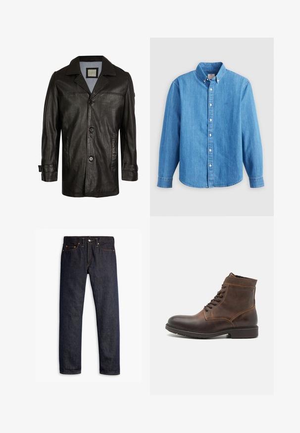 Zwarte leren jas met een notch-kraag, knoopsluiting, twee zijzakken en een zachte blauwe voering. Heeft een ontspannen pasvorm en een gladde textuur.; Lichtblauw denim overhemd met lange mouwen, button-down kraag en witte knopen. Heeft een klein geborduurd logo op de borst.; Donkerblauwe spijkerbroek met een rechte pasvorm, vijf zakken, koperen klinknagels, gele stiksels en een duidelijke textuur in de stof.; Jack & Jones JFWDELANEY BOOT - Veterboots - cognac