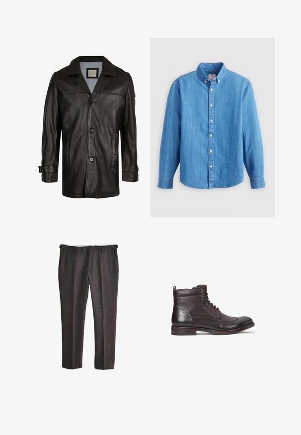 Schwarze Lederjacke mit Reverskragen, Knopfverschluss, zwei seitlichen Taschen und einem weichen blauen Futter. Hat einen lässigen Schnitt und eine glatte Textur.; Hellblaues Jeanshemd mit langen Ärmeln, button-down Kragen und weißen Knöpfen. Verfügt über ein kleines besticktes Logo auf der Brust.; Dunkelgraue formelle Hose mit dezentem Fensterkaromuster, vorderer Knopfverschluss und Seitentaschen, flach auf weißem Hintergrund ausgelegt.; Dunkelbraune Leder-Stiefelette mit Wingtipp-Design, runder Zehenpartie, subtilen Broguedetails, Metallösen und flachem Absatz. Mit Zuglasche.