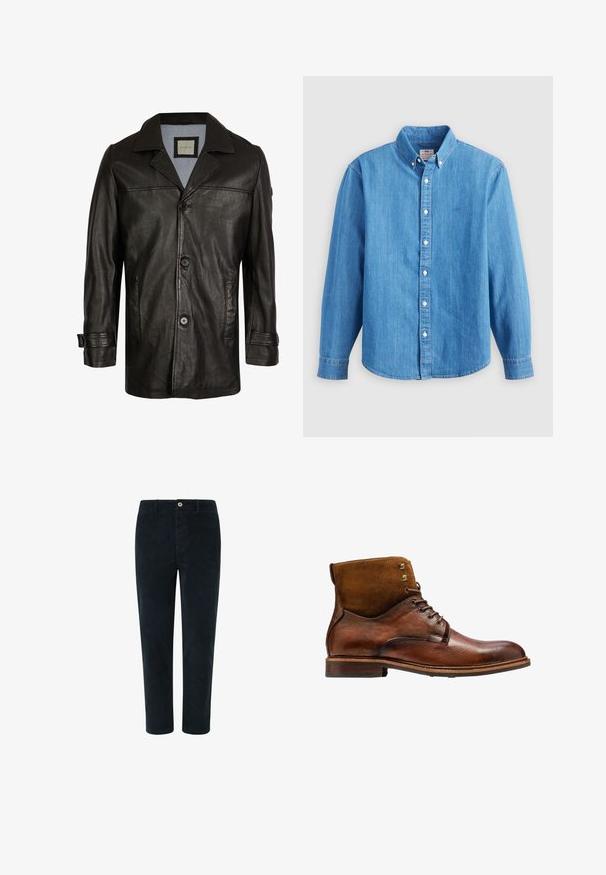 Chaqueta de cuero negra con solapa, cierre de botones, dos bolsillos laterales y un forro suave azul. Presenta un corte relajado y una textura lisa.; Camisa de mezclilla azul claro con mangas largas, cuello abotonado y botones blancos. Presenta un pequeño logo bordado en el pecho.; Pantalones de canalé de color azul marino oscuro con corte recto, con cierre de botón en la parte frontal y bolsillos laterales, textura suave y costuras mínimas.; Kazar ALID - Botines con cordones - brown