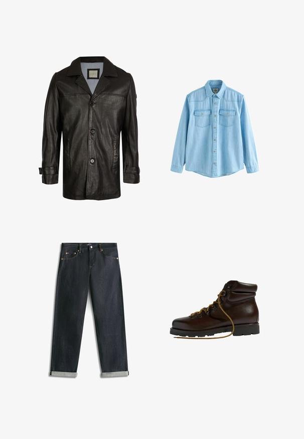 Schwarze Lederjacke mit Reverskragen, Knopfverschluss, zwei seitlichen Taschen und einem weichen blauen Futter. Hat einen lässigen Schnitt und eine glatte Textur.; Hellblaues langärmeliges Jeanshemd mit Knopfleiste vorne und zwei Brusttaschen mit Knopflaschenklappen.; Dunkelblaue Denim-Jeans mit umgeschlagenen Bündchen, fünf Taschen und kontrastierender Naht, flach auf weißem Hintergrund liegend.; Brauner Leder-Wanderschuh mit abgerundetem Zeh, strukturierten Oberflächen, gelben Schnürsenkeln und Metallösen. Enthält eine robuste schwarze Gummisohle.