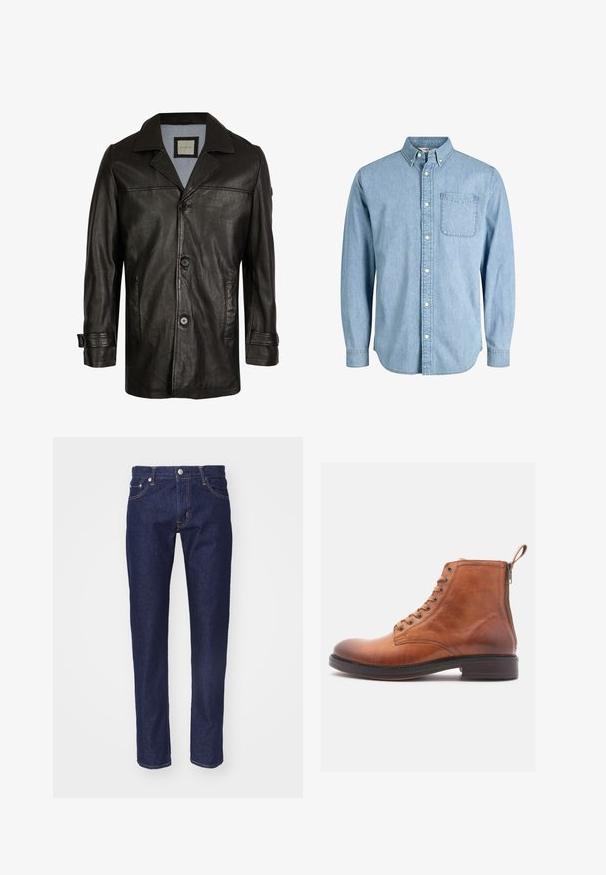 Chaqueta de cuero negra con solapa, cierre de botones, dos bolsillos laterales y un forro suave azul. Presenta un corte relajado y una textura lisa.; Camisa de mezclilla azul claro con botones, manga larga, cuello, bolsillo delantero y una textura sutil. Cuenta con botones blancos a lo largo de la tapeta.; Vaqueros de denim azul marino con corte recto, diseño de cinco bolsillos, costuras en naranja contrastante y un cierre de botón plateado en la cintura.; Bota de tobillo de cuero marrón con un acabado suave, cierre de cordones en la parte delantera, cremallera lateral y puntera redondeada. Suela plana de goma y detalles cosidos.