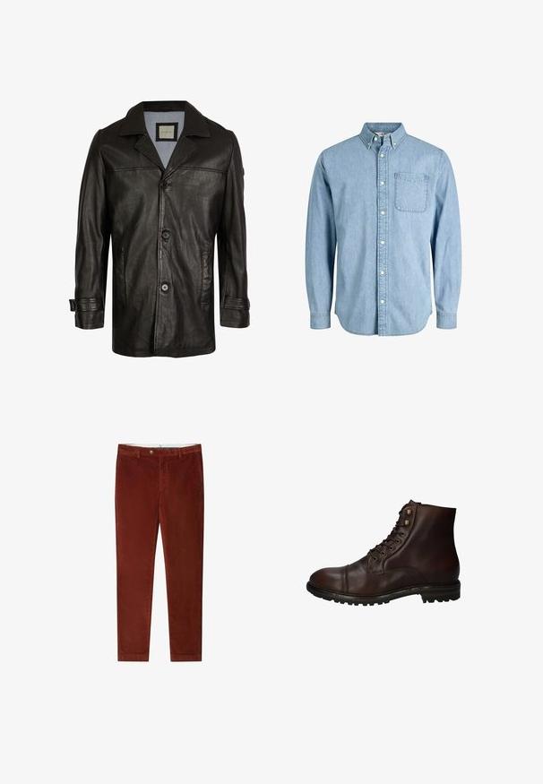 Schwarze Lederjacke mit Reverskragen, Knopfverschluss, zwei seitlichen Taschen und einem weichen blauen Futter. Hat einen lässigen Schnitt und eine glatte Textur.; Hellblaues Denim-Hemd mit Knöpfen, langen Ärmeln, Kragen, Fronttasche und dezenter Textur. Verfügt über weiße Knöpfe entlang der Knopfleiste.; Braune Cordhosen im geraden Schnitt, mit einem Knopfverschluss und Taschen, glatter Textur und feinem Rippenmuster.; Dunkelbraune Leder Schnürstiefelette mit robustem Gummisohlen und Metallösen, von der Außenseite betrachtet.