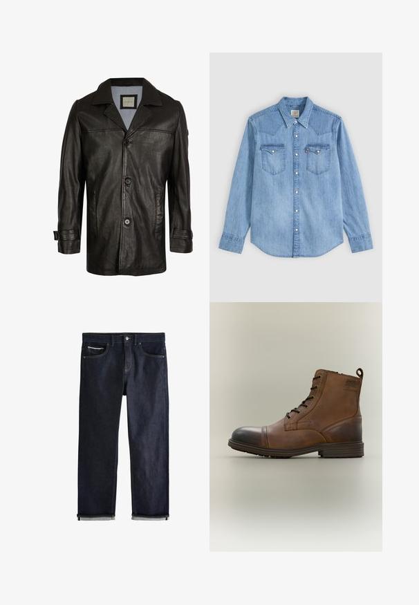 Zwarte leren jas met een notch-kraag, knoopsluiting, twee zijzakken en een zachte blauwe voering. Heeft een ontspannen pasvorm en een gladde textuur.; Lichtblauw denim overhemd met lange mouwen, puntkraag, twee borstzakken met kleppen en witte drukknoopjes aan de voorkant.; Donkerblauwe spijkerbroek met opgerolde pijpen, knoop- en ritssluiting, voor- en muntzakken en contrasterende stiksels op een witte achtergrond.; Bruine leren enkellaars met veters, zwarte neuskap, ronde zool en merkdetail aan de zijkant tegen een effen achtergrond.
