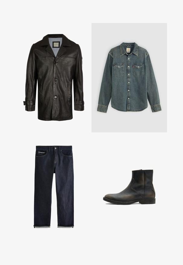 Schwarze Lederjacke mit Reverskragen, Knopfverschluss, zwei seitlichen Taschen und einem weichen blauen Futter. Hat einen lässigen Schnitt und eine glatte Textur.; Denimhemd mit langen Ärmeln, durchgehender Knopfleiste, zwei Brusttaschen und einer dunkelblauen Waschung. Verfügt über einen spitzen Kragen und kontrastierende Nähte.; Dunkelblaue Jeans aus Denim mit umgeschlagenen Bündchen, Knopf- und Reißverschluss, Vorder- und Münztaschen und kontrastierenden Nähten vor weißem Hintergrund.; AllSaints LANG - Stiefelette - brown