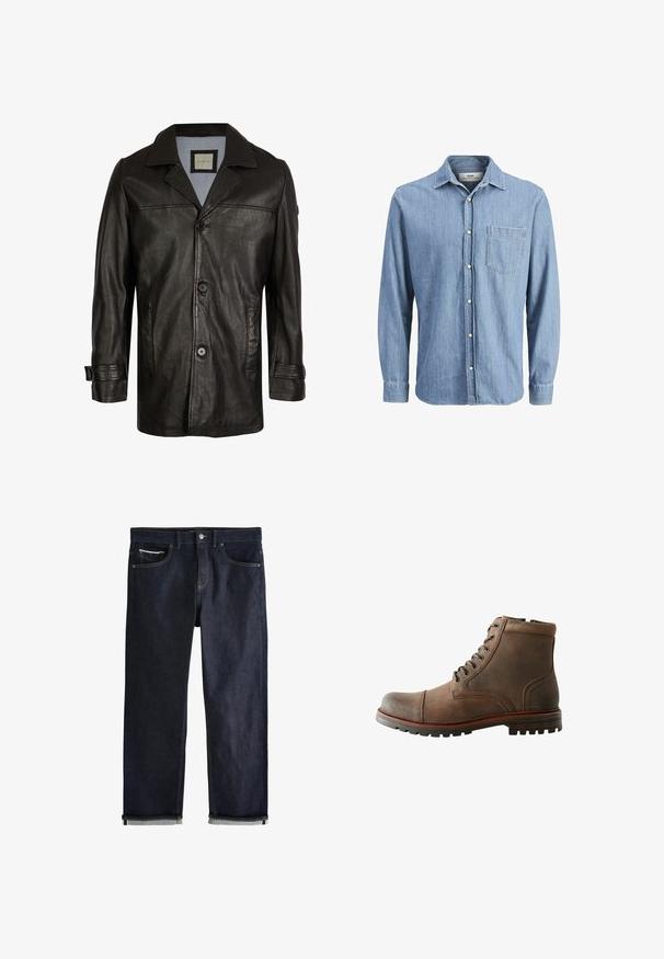 Schwarze Lederjacke mit Reverskragen, Knopfverschluss, zwei seitlichen Taschen und einem weichen blauen Futter. Hat einen lässigen Schnitt und eine glatte Textur.; Helles blaues Denimhemd mit Button-Down-Kragen, langen Ärmeln, einer einzelnen Brusttasche und gesticktem Logo auf der Tasche.; Dunkelblaue Jeans aus Denim mit klassischem geradem Schnitt, fünf Taschen, Knopfverschluss und umgeschlagenen Bündchen, die eine hellblaue Innenseite zeigen.; Braune Lederknöchelstiefel mit abgerundeter Spitze, gepolstertem Kragen, Schnürung mit sechs Ösen und strukturiertem Gummisohle. Genähte Akzente an den Seiten.