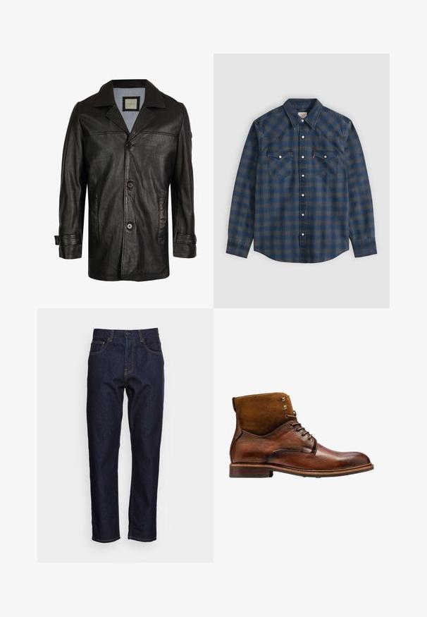 Chaqueta de cuero negra con solapa, cierre de botones, dos bolsillos laterales y un forro suave azul. Presenta un corte relajado y una textura lisa.; Camisa de manga larga a cuadros azul y gris con cuello puntiagudo y dos bolsillos frontales en el pecho con botones.; Vaqueros de mezclilla azul oscuro con corte recto, cinco bolsillos y costuras amarillas en contraste. Diseñados con un cierre clásico de botón y cremallera.; Kazar ALID - Botines con cordones - brown