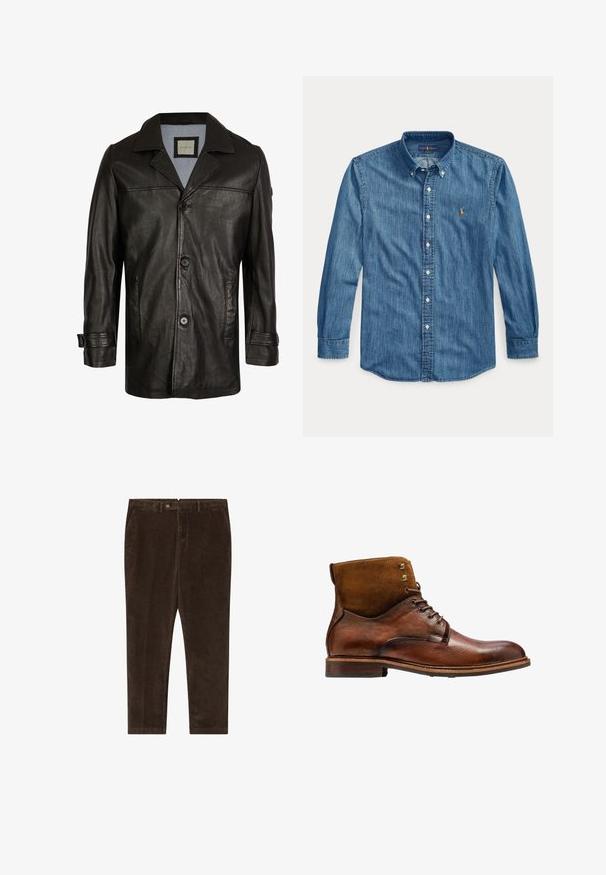 Schwarze Lederjacke mit Reverskragen, Knopfverschluss, zwei seitlichen Taschen und einem weichen blauen Futter. Hat einen lässigen Schnitt und eine glatte Textur.; Langärmliges blaues Jeanshemd mit Kragen und kleinem besticktem Logo auf der linken Brustseite neben den Knöpfen.; Braune Cord-Hosen mit geradem Schnitt, mit einem Knopfverschluss, Seitentaschen und einer glatten Textur.; Kazar ALID - Schnürstiefelette - brown
