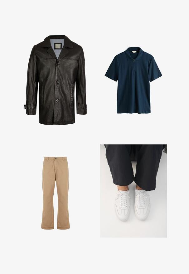 Schwarze Lederjacke mit Reverskragen, Knopfverschluss, zwei seitlichen Taschen und einem weichen blauen Futter. Hat einen lässigen Schnitt und eine glatte Textur.; Marineblaues Kurzarm-Poloshirt mit vertikal gerippter Textur und vorderem Reißverschlusskragen.; Beige Baumwollhosen mit geradem Schnitt, ausgestattet mit einem Knopfverschluss, Vordertaschen und einer glatten Textur.; Weiße Ledersneaker mit glatter Textur, runder Zehenform und klassischem Schnürsystem, platziert über dunklen, locker sitzenden Hosen.