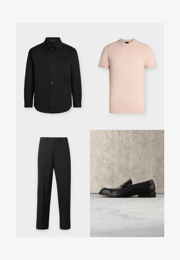 Chemise noire à manches longues boutonnée avec un col pointu et trois poches plaquées à l'avant sur un fond uni.; T-shirt rose clair à manches courtes et col rond avec logo "BOSS" brodé sur la poitrine gauche.; Pantalon droit noir avec passants de ceinture, pli avant et braguette zippée sur fond blanc.; Mocassin en cuir noir avec un accent métallique, présenté en lévitation au-dessus d'un tapis beige, avec une table ronde de couleur ambre en arrière-plan.