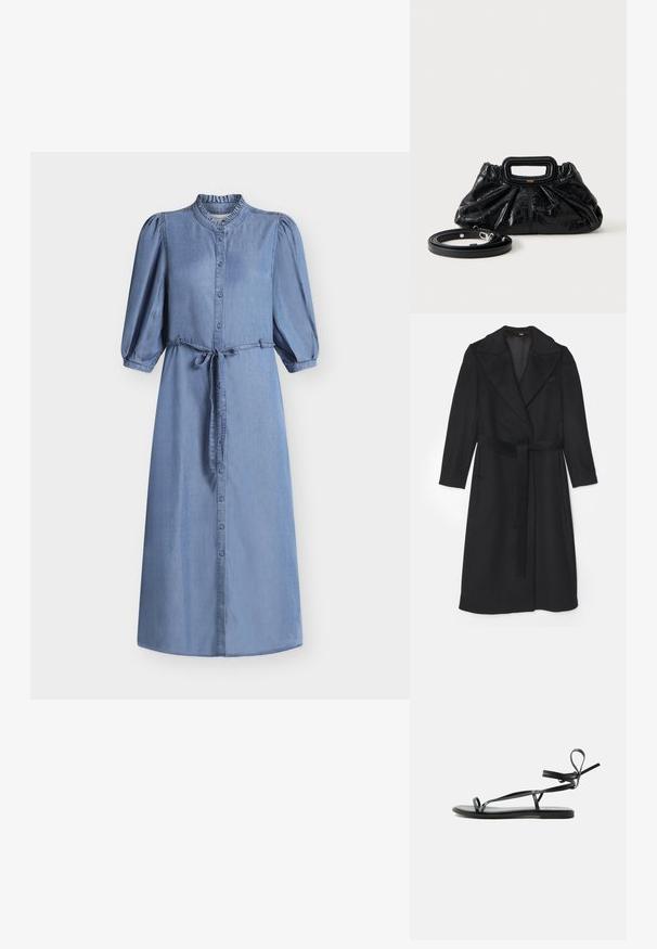 Zwarte wollen jas met een dubbelbreasted ontwerp, brede revers, lange mouwen en een bijpassende riem in de taille. Soepele textuur, minimale details.; Blauwe denim midi-jurk met opgeblazen ellebooglange mouwen, knopen aan de voorkant, hoge gerafelde kraag en een tailleceintuur.; Zwarte platte sandaal met dunne bandjes en een enkelwikkelontwerp op een effen lichte achtergrond.; Kleine zwarte leren handtas met geplooide textuur, rechthoekige handgreep en afneembare dunne schouderriem ernaast geplaatst.