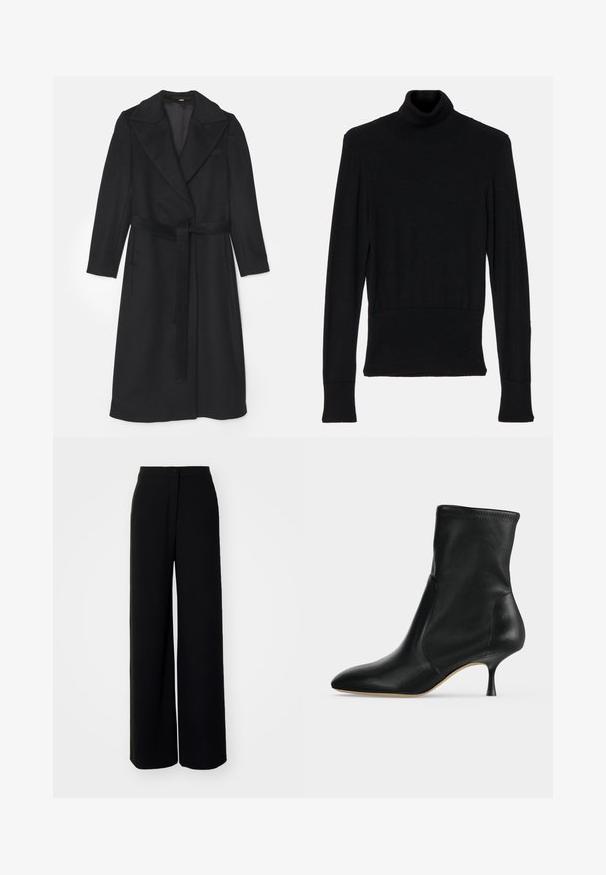 Zwarte wollen jas met een dubbelbreasted ontwerp, brede revers, lange mouwen en een bijpassende riem in de taille. Soepele textuur, minimale details.; AERON TENDER LONG SLEEVED - Trui - black; Zwarte wijde broek met hoge taille, zachte stof, een sluiting met knopen aan de voorkant en zonder zichtbare zakken, met een aansluitende pasvorm.; Zwarte leren enkellaars met spitse neus en smalle hak van middelhoge hoogte, zijaanzicht op een lichte achtergrond.