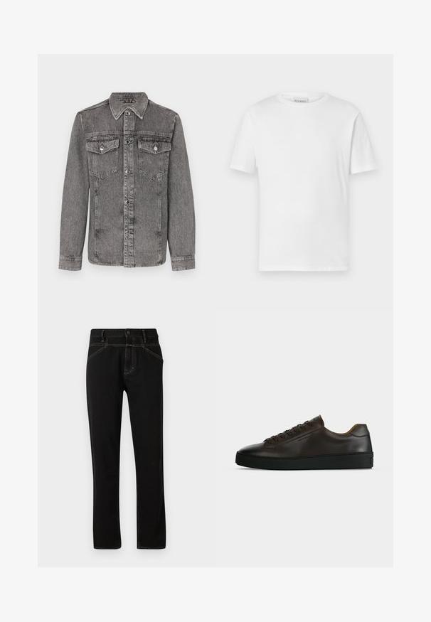Veste en denim gris avec un col, fermeture à boutons sur le devant, deux poches poitrine et des manches longues. Caractéristiques en métal argenté et une finition texturée.; T-shirt blanc à manches courtes en coton. Présente un col rond et un ourlet droit. Sans motifs ni embellissements. Design simple.; Jean en denim noir avec coupe droite, présentant des surpiqûres jaunes, cinq poches et une fermeture à bouton à l'avant. Texture lisse et design minimal.; Baskets basses en cuir marron foncé avec semelle en caoutchouc noire, lacets à l'avant et design minimaliste épuré sur fond clair.