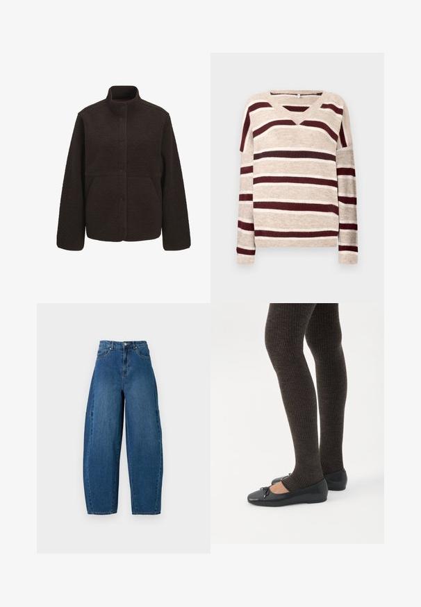 Mørkebrun fleecejakke med stående krave, front med trykknapper og to sidelommer, vist på en ensfarvet hvid baggrund.; V-hals sweater i beige med mørkerøde og cremefarvede striber. Har lange ærmer og ribkant. Blød tekstur og afslappet pasform.; Denimjeans i en mellemblå vask, med højt liv, bred benpasform og standard fem-lomme design med synlige stikninger.; Ben iført mørke ribbede leggings kombineret med sorte balletsko med små sløjfedetaljer på hvid baggrund.
