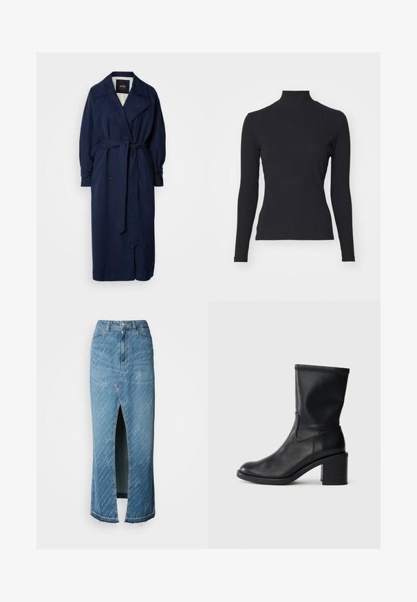 Navy blauer Trenchcoat mit einem taillierten Gürtel, großem Kragen und geknöpften Manschetten. Hergestellt aus einem glatten Stoff, verfügt über ein gestepptes Innenfutter.; Schwarzes, geripptes Rollkragenoberteil mit langen Ärmeln. Aus dehnbarem Stoff mit figurbetonter Passform und hohem Kragen. Einfaches Design ohne Verzierungen.; Blaue Jeans-Midirock mit einem vorderen Schlitz, verblasster Textur und weißen Schriftmustern. Mit klassischem Taillenbund und ausgefranstem Saum.; Schwarze Leder-Ankle Boots mit runder Zehenform, glatter Oberfläche und dicker Absatz, ausgestattet mit einem eng anliegenden Schaft und subtilen Nähten.