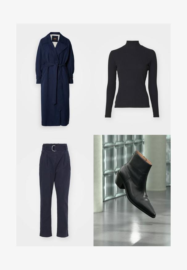 En navy blå trenchcoat med en bælte i taljen, stor krave og knappede manchetter. Lavet af et glat stof og har en quiltet foring.; Sort ribbet turtle-sweater med lange ærmer. Lavet af strækbart stof med en tætsiddende pasform og høj krave. Enkel design uden udsmykninger.; Mørkeblå bukser med bælte og sølvspænde, der har høj talje, plisser og tætsiddende ben med ophængte søm. Mellemliggende stoftekstur.; Sort læderankelstøvle med spids tå og blokhæl, der svæver over en reflekterende grå gulv nær en væg af glasblokke.