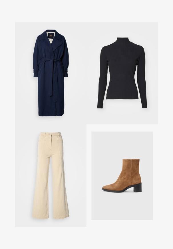 En navy blå trenchcoat med en bælte i taljen, stor krave og knappede manchetter. Lavet af et glat stof og har en quiltet foring.; Sort ribbet turtle-sweater med lange ærmer. Lavet af strækbart stof med en tætsiddende pasform og høj krave. Enkel design uden udsmykninger.; Beige vidde jeans med høj talje, forlommer og kontrasterende syninger, udstyret med en knaplukning og en glat bomuldsstruktur.; Brun ruskind ankelstøvle med spids tå, mid-block hæl og subtil præget logo-detalje. Lynlås lukning langs siden.
