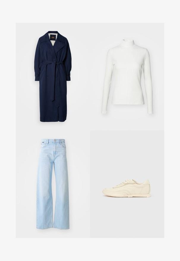 En navy blå trenchcoat med en bælte i taljen, stor krave og knappede manchetter. Lavet af et glat stof og har en quiltet foring.; Hvid ribbet turtleneck blouse med lange ærmer, lavet af elastisk stof. Har et tætsiddende design og høj hals for god dækning.; Lyseblå bredbensbukser lavet af denim, med høj talje, forlommer, knaplukning og syet kantdetalje.; Lavprofileret sneaker i cremefarve med bølget syning, snørebånd og en rilleret sål, vist fra siden på en ensfarvet baggrund.