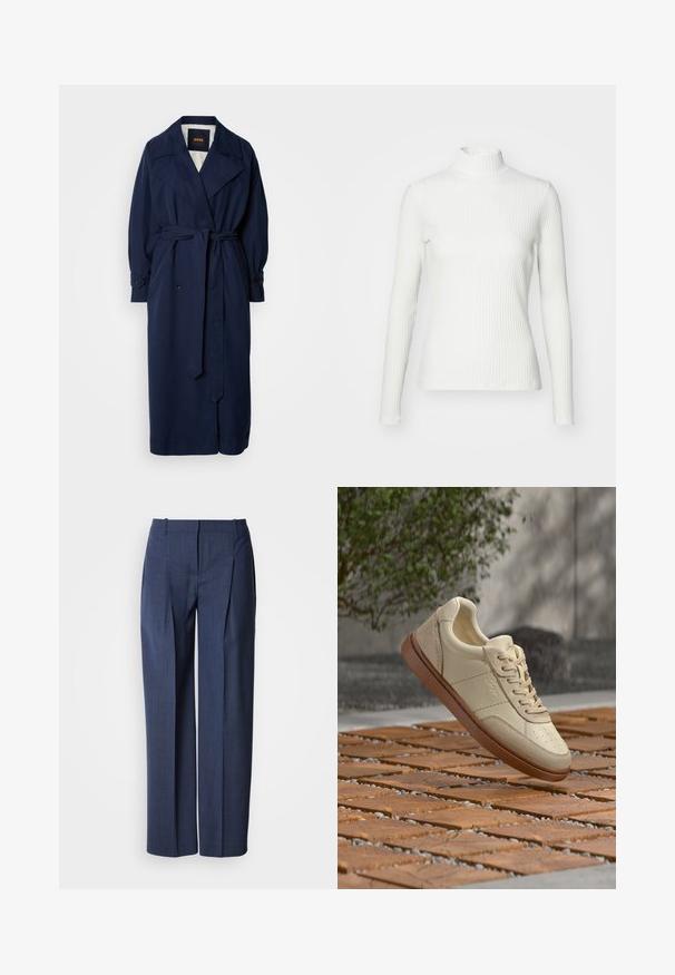 Navy blauer Trenchcoat mit einem taillierten Gürtel, großem Kragen und geknöpften Manschetten. Hergestellt aus einem glatten Stoff, verfügt über ein gestepptes Innenfutter.; Weißes geripptes Turtleneck-Oberteil mit langen Ärmeln, aus elastischem Stoff. Verfügt über ein enganliegendes Design und einen hohen Kragen für zusätzlichen Schutz.; Marineblaue, maßgeschneiderte Anzughose mit Bügelfalten, Gürtelschlaufen und einem Reißverschluss vorne, dargestellt auf weißem Hintergrund.; Beiger Ledersneaker mit brauner Sohle, der über einer gefliesten Außenterrasse mit verstreuten kleinen Steinen und grünem Laub im Hintergrund schwebt.