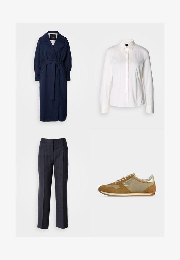 Navy blauer Trenchcoat mit einem taillierten Gürtel, großem Kragen und geknöpften Manschetten. Hergestellt aus einem glatten Stoff, verfügt über ein gestepptes Innenfutter.; Weißes Langarmhemd mit Knöpfen, klassischem Kragen und weichem Baumwollstoff, mit slim fit und einfachem Design ohne Muster.; Dunkelgraue, maßgeschneiderte Hosen mit vertikalen Nadelstreifen, geradem Bein, Bund mit Gürtelschlaufen und zwei Fronttaschen.; Beiger und brauner Sneaker mit weißen Schnürsenkeln, metallischem Fersendetail und kursivem "Boss" Logo an der Seite, flache Sohle.