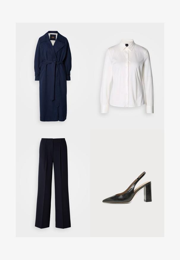 Navy blauer Trenchcoat mit einem taillierten Gürtel, großem Kragen und geknöpften Manschetten. Hergestellt aus einem glatten Stoff, verfügt über ein gestepptes Innenfutter.; Weißes Langarmhemd mit Knöpfen, klassischem Kragen und weichem Baumwollstoff, mit slim fit und einfachem Design ohne Muster.; Marineblaue Hosen mit weitem Bein und Falten, gefertigt aus glattem Stoff. Sie verfügen über einen maßgeschneiderten Bund und eine schlanke Silhouette.; Schwarzer Leder-Slingback-Schuh mit spitzer Kappe, hohem Blockabsatz und beigegefüttertem Innenraum vor hellem, einfarbigem Hintergrund.