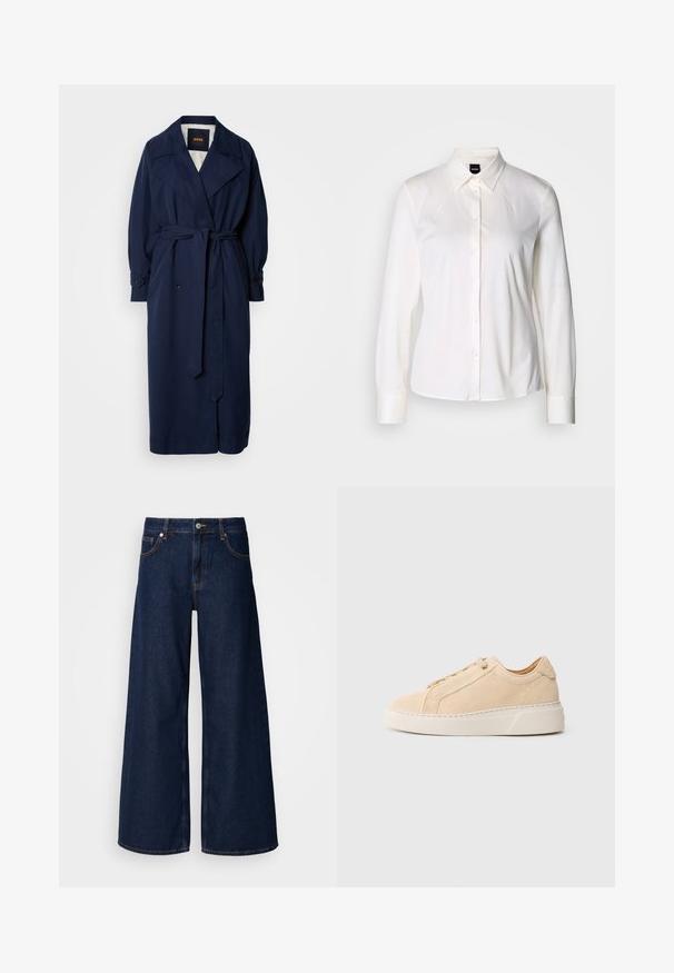 En navy blå trenchcoat med en bælte i taljen, stor krave og knappede manchetter. Lavet af et glat stof og har en quiltet foring.; Hvid langærmet skjorte med knapper og klassisk krave lavet af blødt bomuldsstof, med en slim fit og et enkelt design uden mønstre.; Bredde ben mørkeblå denimbukser med høj talje, frontlommer og knaplukning. Har kontrastsyninger og en glat tekstur.; Beige ruskindssneaker med rundet tå, ton-i-ton syninger og en tyk hvid gummisål. Har flade snørebånd og et minimalistisk design.