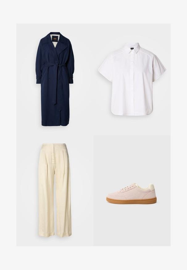 Navy blauer Trenchcoat mit einem taillierten Gürtel, großem Kragen und geknöpften Manschetten. Hergestellt aus einem glatten Stoff, verfügt über ein gestepptes Innenfutter.; Weißes kurzärmliges Hemd mit Knopfleiste, spitzem Kragen und abgerundetem Saum. Hergestellt aus Baumwolle mit glatter Textur und ohne sichtbare Muster.; Hohe Taille, cremefarbene Seidenhose mit Falten, weitem Bein und einem versteckten Reißverschluss vorne vor schlichtem weißem Hintergrund.; Hellrosa Sneaker mit strukturierter Oberfläche, weißen Akzenten und einer braunen Gummisohle. Verfügt über ein niedriges Profil und eine runde Zehenpartie.