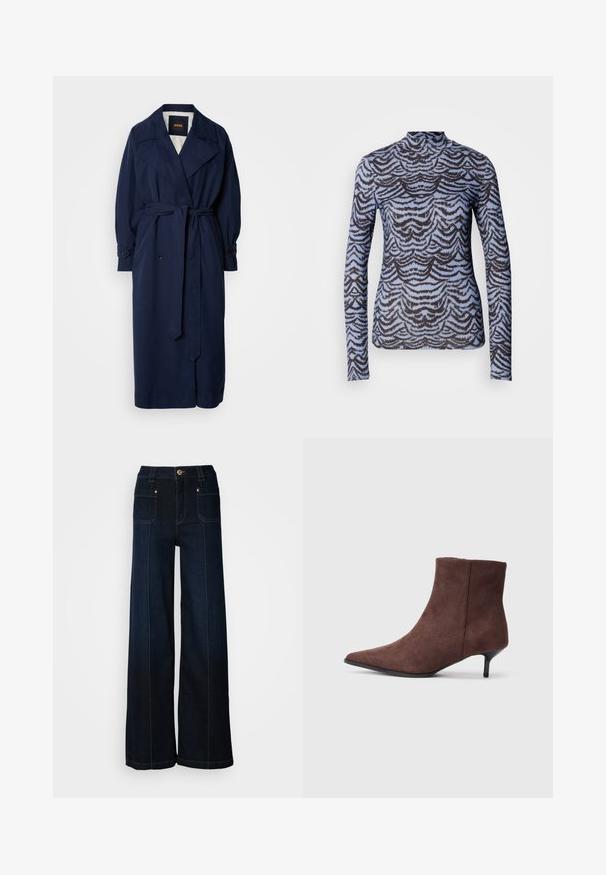 Tumesinine trench jakk, millel on vöökoht, suur kaelus ja nööpidega mansetid. Valmistatud siledast kangast, sellel on tikanditega vooder.; Scotch & Soda ALL OVER PRINTED MOCK NECK LONG SLEEVE - Pikkade varrukatega topp - blue; Laia lõikega tumesinised teksapüksid. Omavad ees taskuid, kuldse värviga riistvara ja kontrastset õmblust. Sile tekstuur ja lõdva kujundusega.; Pruun gamasnahast pahkluu saapad terava varba ja peene musta kontsaga. Omavad siledat tekstuuri ja lihtsat disaini.