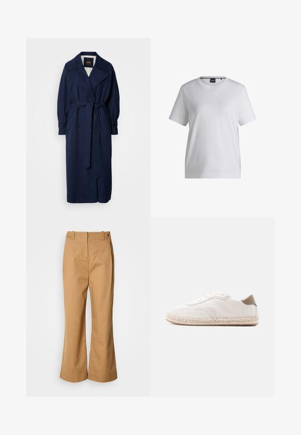 Navyblauwe trenchcoat met een riem in de taille, grote kraag en knoopmanchetten. Gemaakt van een soepele stof, met een gewatteerde voering.; Witte katoenen t-shirt met een ronde halslijn, korte mouwen en een ontspannen pasvorm. Heeft een klein merketiket nabij de kraag.; Wijd uitlopende broek van beige katoenen stof, met een hoge taille, twee gouden knopen en een gladde textuur. Geen zichtbare patronen of accenten.; Witte sneaker met een bovenwerk van suède, beige accenten en een gevlochten juten zool. Voorzien van platte veters en een gebrandmerkt zijlogo.