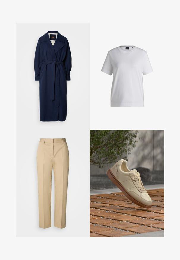 Navy blauer Trenchcoat mit einem taillierten Gürtel, großem Kragen und geknöpften Manschetten. Hergestellt aus einem glatten Stoff, verfügt über ein gestepptes Innenfutter.; Weißes Baumwoll-T-Shirt mit rundem Halsausschnitt, kurzen Ärmeln und bequemer Passform. Mit einem kleinen Markenschild nahe dem Kragen.; Beige Straight-Leg-Hose mit Gürtelschlaufen, Vorderfalz und verdecktem Verschluss, präsentiert vor hellem Hintergrund.; Beiger Ledersneaker mit brauner Sohle, der über einer gefliesten Außenterrasse mit verstreuten kleinen Steinen und grünem Laub im Hintergrund schwebt.