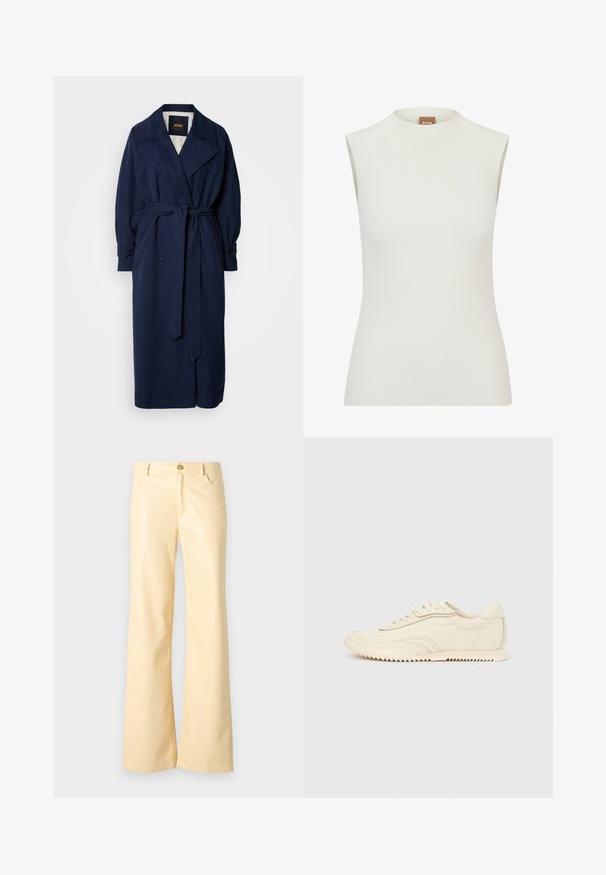 Abrigo trench de color azul marino con cintura ceñida por un cinturón, gran cuello y puños abotonados. Hecho de una tela suave, cuenta con un forro acolchado.; Top blanco sin mangas con un escote alto, que presenta una textura acanalada y un diseño ajustado. Etiqueta de la marca "BOSS" visible en el cuello.; Pantalones de pierna ancha en un amarillo pálido, fabricados en un material suave y brillante. Presenta un botón en la parte frontal, dos bolsillos laterales y un corte recto.; Zapatilla de perfil bajo color crema con costuras onduladas, cierre de cordones y suela acanalada, mostrada de lado sobre un fondo liso.