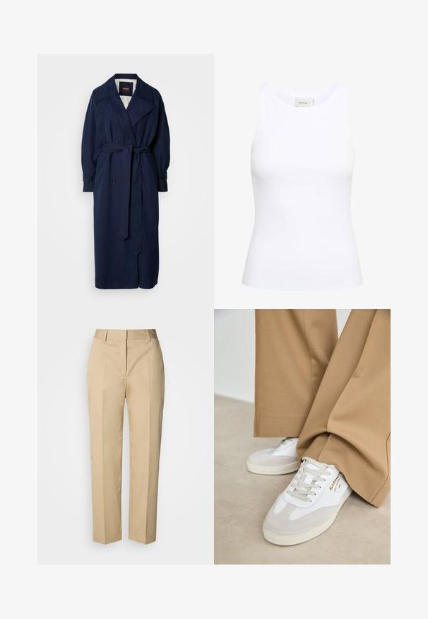 Navyblauwe trenchcoat met een riem in de taille, grote kraag en knoopmanchetten. Gemaakt van een soepele stof, met een gewatteerde voering.; Witte geribde tanktop met een ronde halslijn en zonder mouwen. Rekbaar materiaal en een aansluitend ontwerp. Het label op de achterkant zegt "GESTUZ."; Beige rechte broek met riemlussen, voorplooi en verborgen sluiting, afgebeeld tegen een lichte achtergrond.; Witte sneakers met suède accenten, gestructureerde veters en een rubberen zool. Gecombineerd met losse beige broek. Logo zichtbaar aan de zijkant.