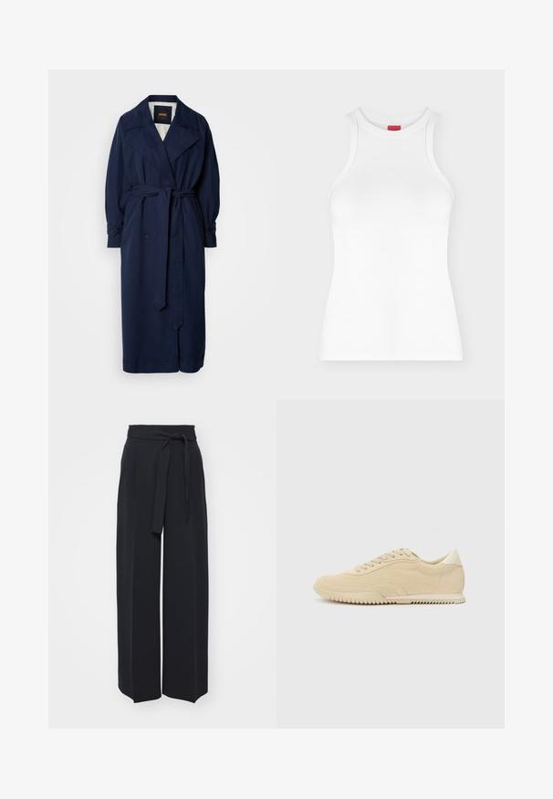 En navy blå trenchcoat med en bælte i taljen, stor krave og knappede manchetter. Lavet af et glat stof og har en quiltet foring.; Hvid ærmeløs ribbet tanktop med høj rund hals og tætsiddende pasform vist på en ensartet lys baggrund.; Vide sorte bukser lavet af blød stof. Har en bælteholdbar talje og frontfolder. Glat tekstur med et rent, moderne design.; Beige ruskinds sneakers med snørebånd, struktureret overflade, kontrasterende gummisål og en let hæl. Minimalistisk stil med diskret branding.