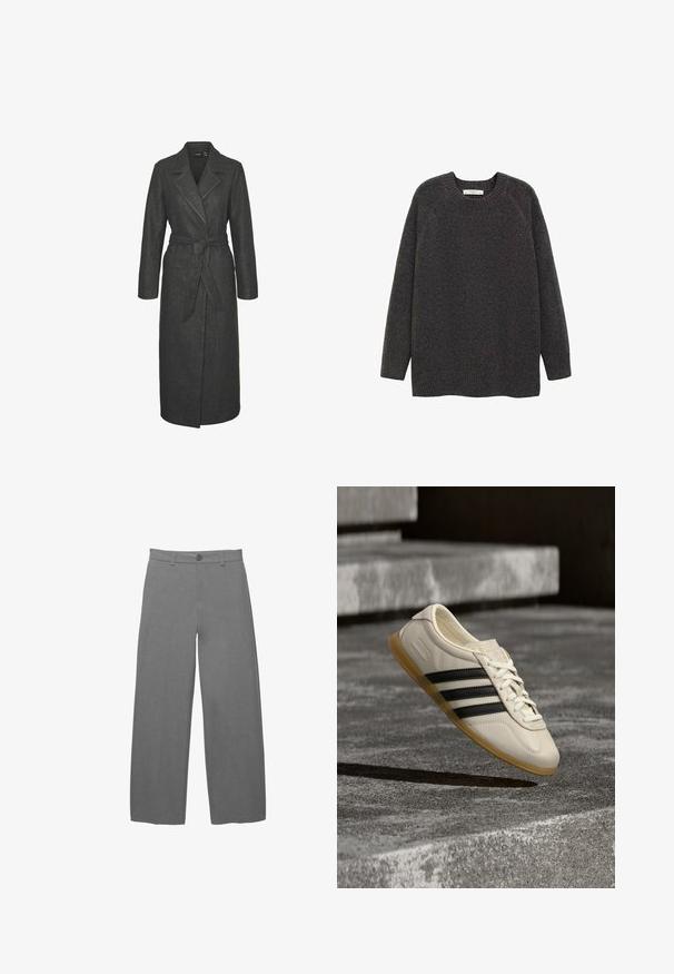 Lang grå uldfrakke med bælte i taljen, notched revers og lange ærmer. Har en lige silhuet og en struktureret finish.; Mørkegrå sweater lavet af blødt strikket stof, med rund halsudskæring og lange raglanærmer med ribbede manchetter og kant.; Lysegrå bukser med vide ben i en glat, tekstureret stof, med knaplukning foran og bæltestropper i taljen.; Hvid sneaker med sorte striber og gummisål svæver over betontrapper i blødt dagslys.