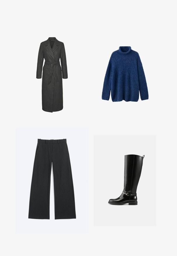 Abrigo largo de lana gris con cintura ceñida, solapas con muescas y mangas largas. Presenta una silueta recta y un acabado texturizado.; Jersey de punto texturizado azul con mangas largas y un cuello alto acanalado, diseñado para brindar calor y comodidad.; Pantalones anchos negros con finas rayas blancas, trabillas para cinturón, bolsillos delanteros y cierre frontal oculto.; Botas negras hasta la rodilla hechas de cuero brillante, con un detalle de hebilla plateada en el tobillo y un diseño de punta redondeada. Suela plana.