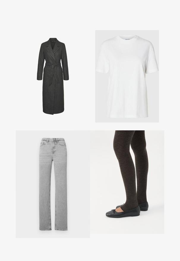 Lang grå uldfrakke med bælte i taljen, notched revers og lange ærmer. Har en lige silhuet og en struktureret finish.; Hvid bomuld t-shirt med korte ærmer og rund halsudskæring. Har en afslappet pasform og et minimalistisk design uden mønstre eller accenter.; Lysegrå straight-leg denim jeans med frontknap og lynlås, bæltestropper og fem-lomme-design.; Ben iført mørke ribbede leggings kombineret med sorte balletsko med små sløjfedetaljer på hvid baggrund.