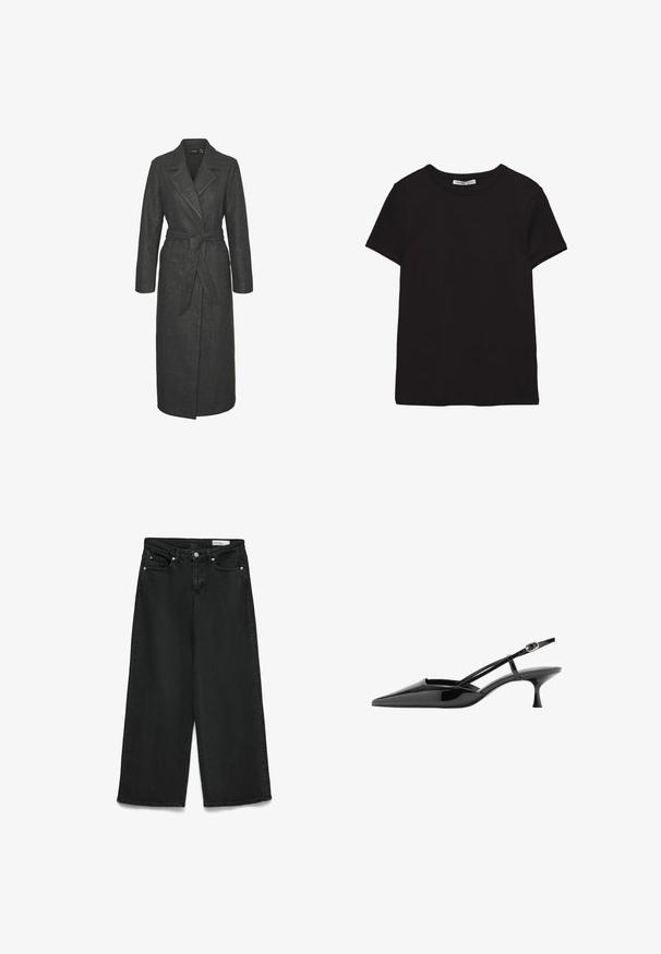 Lang grå uldfrakke med bælte i taljen, notched revers og lange ærmer. Har en lige silhuet og en struktureret finish.; Sort kortærmet t-shirt i bomuld med rund halsudskæring, standard pasform og synlig indvendig halsmærkat.; Sort vide ben denim jeans med frontknap, lynlås, bæltestropper og fem-lomme design, fladt lagt på hvid baggrund.; Sort laklæder peep toe slingback kitten heel sko med tynd ankelrem og guld spænde.