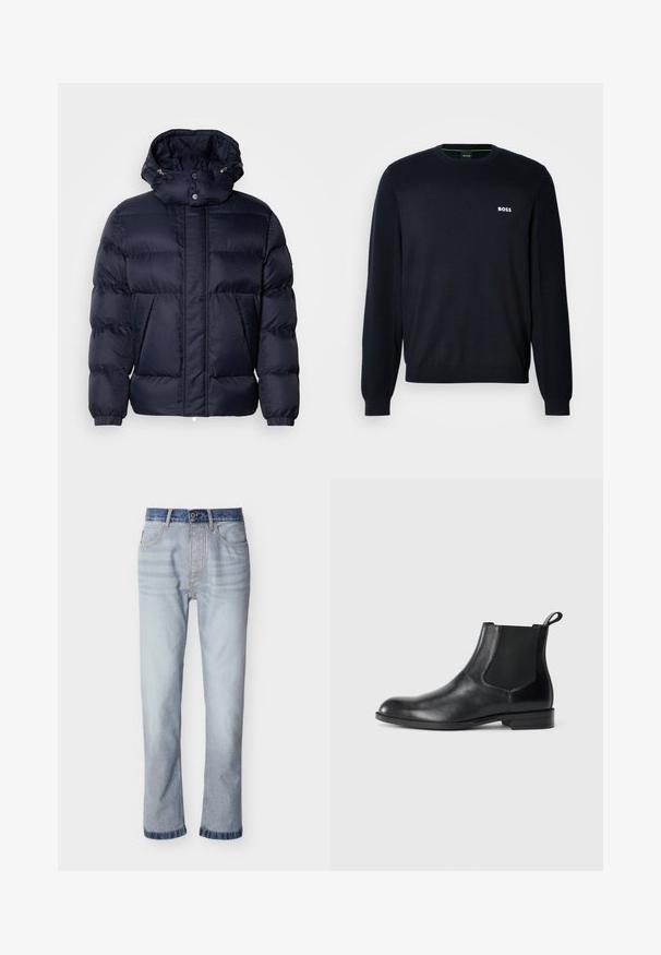 Chaqueta acolchada de color navy con un acabado texturizado, un cuello alto, capucha desmontable y dos bolsillos frontales. Cuenta con un cierre frontal de cremallera y botones a presión.; Suéter de cuello redondo de manga larga en azul marino con puños y dobladillo acanalados, que presenta un pequeño logo blanco de "BOSS" en el lado izquierdo del pecho.; Jeans de mezclilla azul claro con cintura azul oscuro, diseño de pierna recta, cinco bolsillos y detalles de costuras visibles.; Botín negro de cuero hasta el tobillo con paneles elásticos a los lados, punta redondeada y lengüeta. Textura suave, suela plana, diseño minimalista.