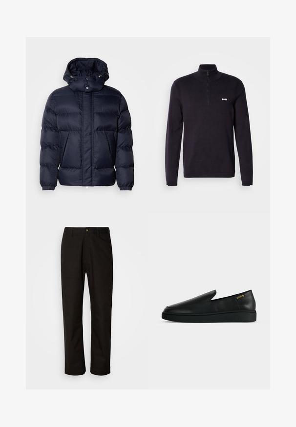 Doudoune marine avec une finition texturée, un col montant, une capuche amovible et deux poches avant. Dotée d'une fermeture éclair à l'avant et de boutons-pression.; Pull-over à col zippé bleu marine fabriqué en tissu doux, doté d'un col et de poignets côtelés, avec un petit logo blanc "BOSS" sur la poitrine.; Pantalon en coton noir avec une coupe droite, des passants de ceinture, une fermeture éclair à l'avant et un seul bouton. Texture lisse sans motifs visibles.; Chaussure noire en cuir à enfiler avec semelle épaisse et marquage "HUGO" en or près du talon sur un fond uni gris clair.