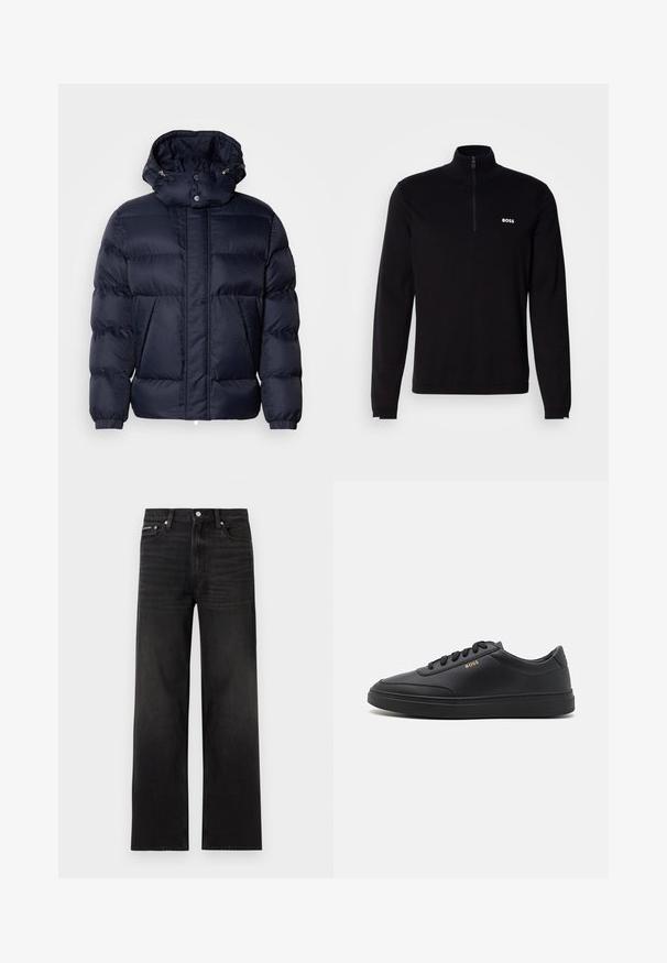 Tumedast puffer jakk, millel on tekstuuriga viimistlus, kõrge krae, eemaldatav kapuuts ja kaks esikäsi. Omab esist veni ja nööpe.; Mustast pikkade varrukatega pullover poolteibiga kaelusega, millel on sooniline tekstuur ja valge "BOSS" logo rinnal. Pehme kangaviimistlus.; Mustad sirgete sääreosadega teksad, millel on viie tasku disain, vööaasad ja nööpidega kinnitamine, valgel taustal.; Mustad nahkspordijalatsid siledast materjalist, ümarate varvastega, tasase kummist tallaga ja tooni sobivate paeltega. Küljes on kuldne "BOSS" bränding.