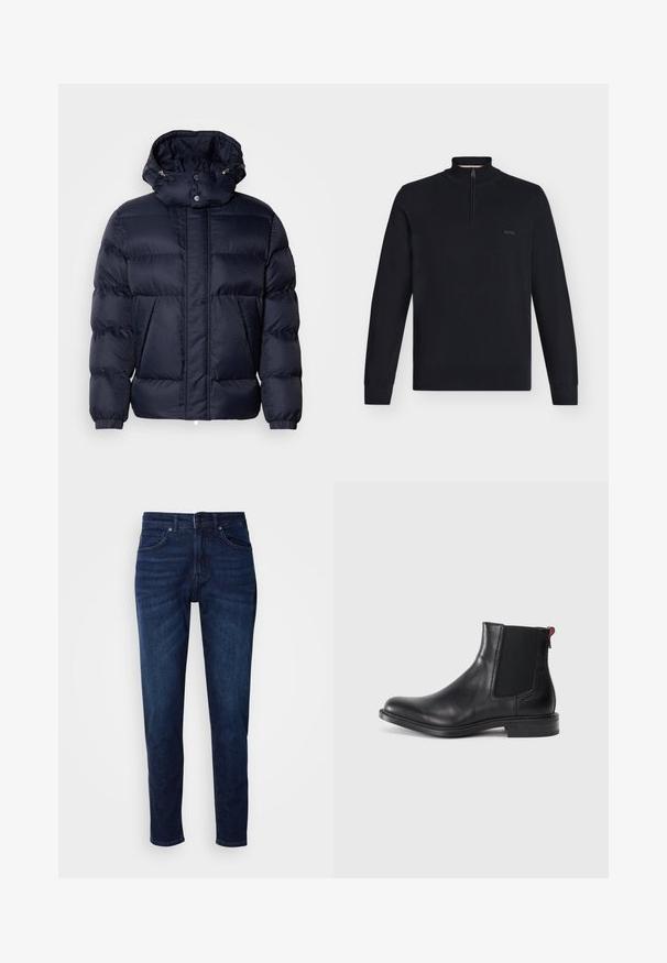 Chaqueta acolchada de color navy con un acabado texturizado, un cuello alto, capucha desmontable y dos bolsillos frontales. Cuenta con un cierre frontal de cremallera y botones a presión.; Jersey de punto negro de manga larga con cuello con cremallera hasta la mitad, puños y bajo acanalados, y pequeño logo "BOSS" en el lado izquierdo del pecho.; Jeans de mezclilla azul oscuro con un diseño de pierna recta, que cuentan con bolsillos y un cierre de botón en la cintura. Textura suave, detalles de desvanecimiento mínimos.; Botín Chelsea de cuero negro con paneles elásticos laterales, punta redondeada y tacón bajo apilado. Presenta una lengüeta roja y un sutil logotipo en el costado.