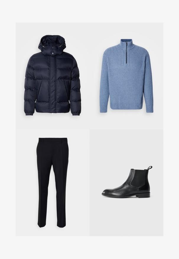 Doudoune marine avec une finition texturée, un col montant, une capuche amovible et deux poches avant. Dotée d'une fermeture éclair à l'avant et de boutons-pression.; Pull en tricot côtelé bleu clair avec un col montant et une fermeture éclair partielle au niveau du cou ; il a des manches longues et un ourlet droit.; Pantalon noir en tissu tissé, à coupe ajustée, avec un devant plat, des poches latérales et une coupe droite.; Bottine en cuir noir avec des panneaux latéraux élastiques, bout rond et tirette. Texture lisse, semelle plate, design minimaliste.