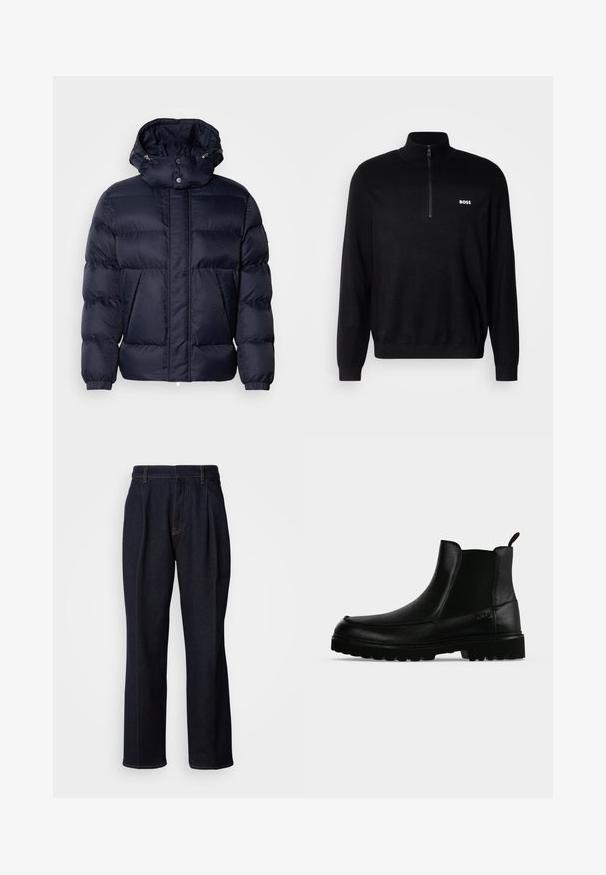 Chaqueta acolchada de color navy con un acabado texturizado, un cuello alto, capucha desmontable y dos bolsillos frontales. Cuenta con un cierre frontal de cremallera y botones a presión.; Suéter negro de hilo con cuello de media cremallera, que presenta textura acanalada en los hombros y un pequeño logo blanco de "BOSS" en el pecho.; Jeans de mezclilla de pierna ancha en un tono azul oscuro, con pliegues frontales y costuras naranjas, presentados sobre fondo blanco.; Bota negra de cuero hasta el tobillo con suela texturizada, paneles laterales elásticos y pestaña de tirador sobre fondo gris claro.