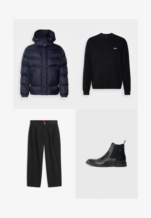 Chaqueta acolchada de color navy con un acabado texturizado, un cuello alto, capucha desmontable y dos bolsillos frontales. Cuenta con un cierre frontal de cremallera y botones a presión.; Suéter negro de manga larga con cuello redondo, con un pequeño logotipo blanco "BOSS" en el lado izquierdo del pecho, puños y dobladillo de canalé, presentado sobre un fondo blanco.; Pantalones negros de talle alto con pliegues delanteros, trabillas para cinturón, cierre con botón y cremallera, y una etiqueta roja en el interior de la cintura.; Botines Chelsea de cuero negro con paneles elásticos laterales, una pestaña para tirar y una suela de goma plana. Textura suave con un detalle mínimo.