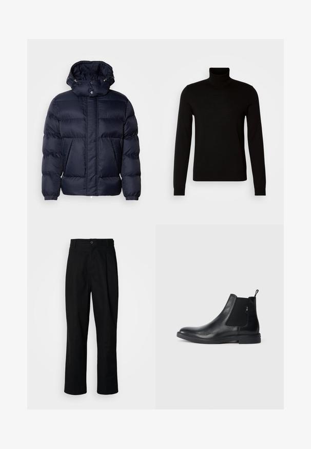 Marineblå puffjakke med tekstureret overflade, høj krave, aftagelig hætte og to frontlommer. Har en frontlynlås og trykknapper.; Sort turtleneck sweater lavet af et fint strikket stof, der har lange ærmer og en tætsiddende silhuet. Glat tekstur med ribbede manchetter.; Sorte lige ben bukser med en knaplukket talje, bæltestropper og en frontfold, præsenteret mod en ensfarvet hvid baggrund.; Sorte læder Chelsea støvler med elastiske sidepaneler, en pull-tab og en flad gummisål. Glat tekstur med minimal detaljer.