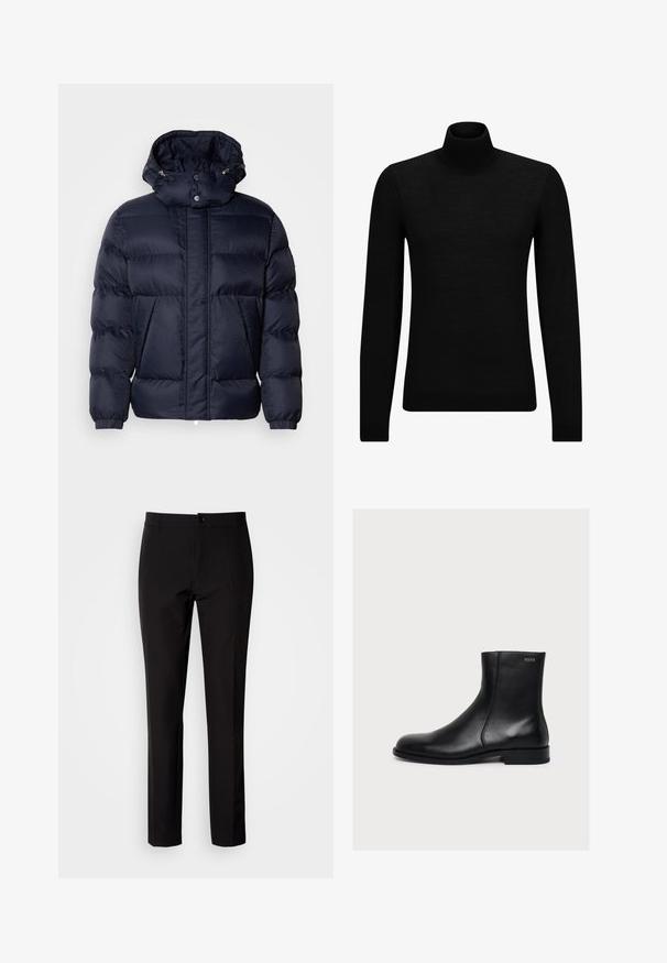 Tumedast puffer jakk, millel on tekstuuriga viimistlus, kõrge krae, eemaldatav kapuuts ja kaks esikäsi. Omab esist veni ja nööpe.; Musthave muströid ja pehmest materjalist must turtleneck, millel on pikad varrukad ja tihe istuvus. Ribaga ääris allservas ja vöökohal. Lihtne disain.; Mustad püksid, valmistatud siledast kangast, sirge jala disainiga, ees nööpidega kinni, ning diskreetsed küljetaskud. Lihtne ja viimistletud välimus.; Mustast siledast nahast pahkluu saabas madala kontsaga ja külgse tõmblukuga, peal Hugo silt lähedal ülaäärele.