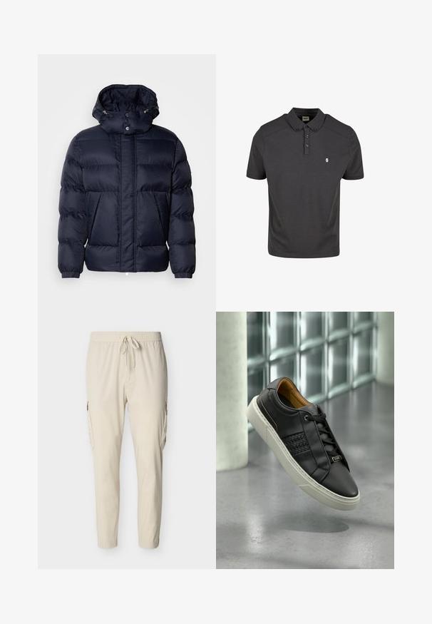 Chaqueta acolchada de color navy con un acabado texturizado, un cuello alto, capucha desmontable y dos bolsillos frontales. Cuenta con un cierre frontal de cremallera y botones a presión.; Camisa polo para hombre en gris oscuro, hecha de una tela suave, presenta un cuello, una tapeta de dos botones y un pequeño logo en el lado izquierdo.; Pantalones cargo beige con cintura elástica, cierre con cordón, bolsillos laterales y piernas ceñidas, hechos de tela ligera y suave.; Zapatillas de cuero negro con textura tejida, diseño con cordones y suela de goma blanca. El interior cuenta con un forro marrón claro y un detalle sutil del logo.