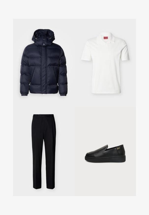 Chaqueta acolchada de color navy con un acabado texturizado, un cuello alto, capucha desmontable y dos bolsillos frontales. Cuenta con un cierre frontal de cremallera y botones a presión.; Camiseta polo blanca de manga corta con cuello doblado y etiqueta de marca HUGO roja en el interior del cuello.; Pantalones negros de corte recto hechos a medida, con presillas para cinturón y pliegue frontal, exhibidos sobre un fondo claro y liso.; Zapato de cuero negro tipo slip-on con suela gruesa y pequeños orificios de ventilación laterales, con el logo dorado de "HUGO" cerca del talón.