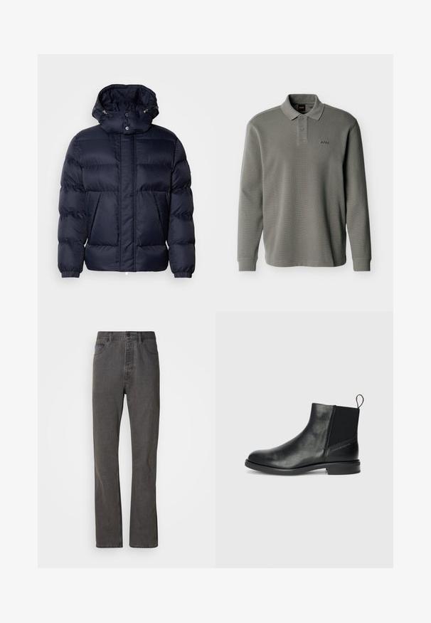 Chaqueta acolchada de color navy con un acabado texturizado, un cuello alto, capucha desmontable y dos bolsillos frontales. Cuenta con un cierre frontal de cremallera y botones a presión.; Polo de manga larga gris con dos botones y textura acanalada, con pequeño logo "BOSS" bordado en el pecho izquierdo.; Vaqueros de mezclilla gris con un diseño de pierna recta, que cuentan con bolsillos frontales, un cierre de botón y una textura sutil.; Botas de tobillo de cuero negro con paneles laterales elásticos, punta redondeada, tacón bajo cuadrado y una lengüeta en la parte posterior para ponerlas y quitar las fácilmente.