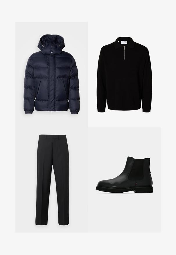 Chaqueta acolchada de color navy con un acabado texturizado, un cuello alto, capucha desmontable y dos bolsillos frontales. Cuenta con un cierre frontal de cremallera y botones a presión.; Jersey negro de manga larga de punto con cuello y cremallera corta frontal, diseñado para hombres.; Pantalones de vestir negros de pierna recta con presillas para cinturón, pliegue delantero y cremallera en un fondo blanco.; Botín Chelsea de cuero negro con paneles laterales elásticos, puntera redonda y parte superior texturizada. Cuenta con una suela de goma plana y un detalle sutil de marca.